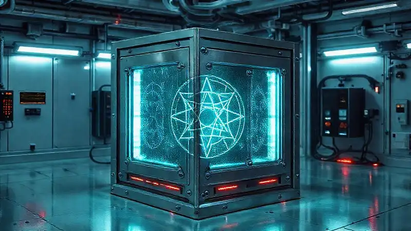 Cubo metálico con símbolos y energía emanante