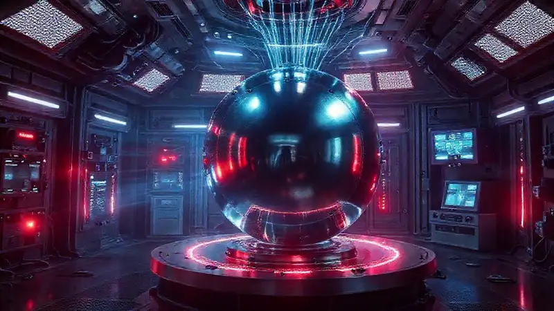 Esfera metálica en laboratorio futurista y peligroso