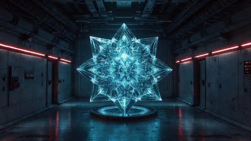 Estructura fractal brillante en entorno futurista seguro