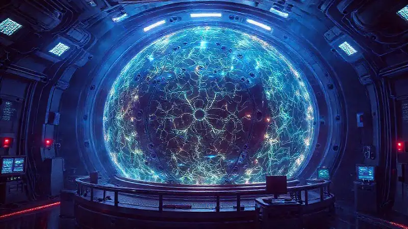 Estructura futurista metálica con patrones luminosos