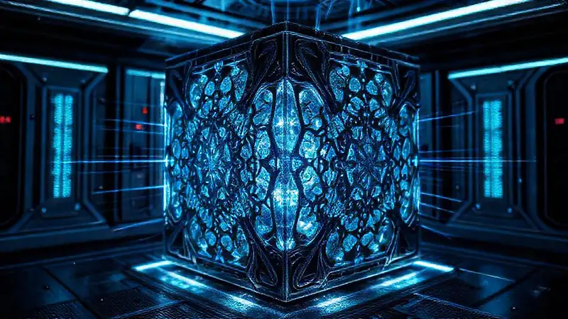 Cubo fractal brillante en contenedor de alta tecnología