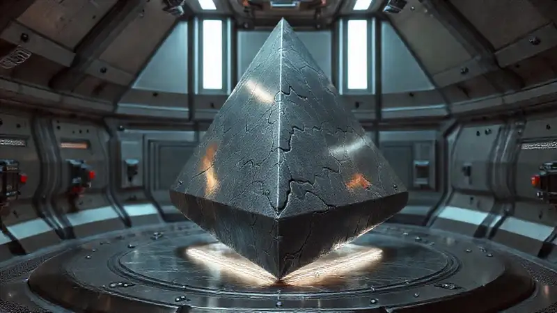 Estructura triangular iridiscente en cámara de alta tecnología