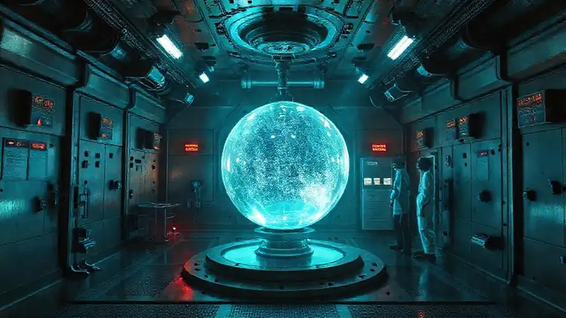 Esfera luminosa en laboratorio futurista sospechoso