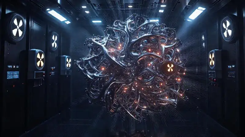 Estructura fractal metálica en contención futurista
