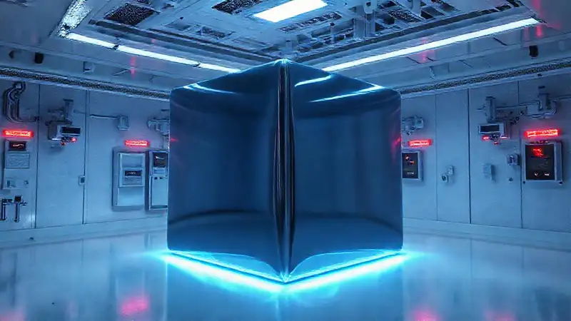 Cubo de polímero brillante en sala segura