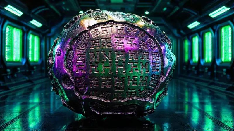 Objeto metálico misterioso en entorno futurista
