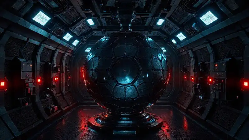 Esfera metálica en recinto tecnológico misterioso