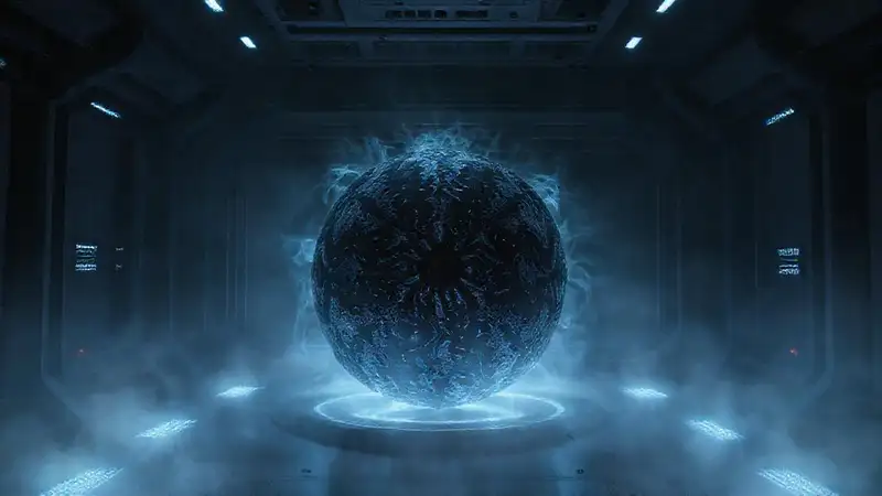 Objeto fractal misterioso en contenedor de alta tecnología