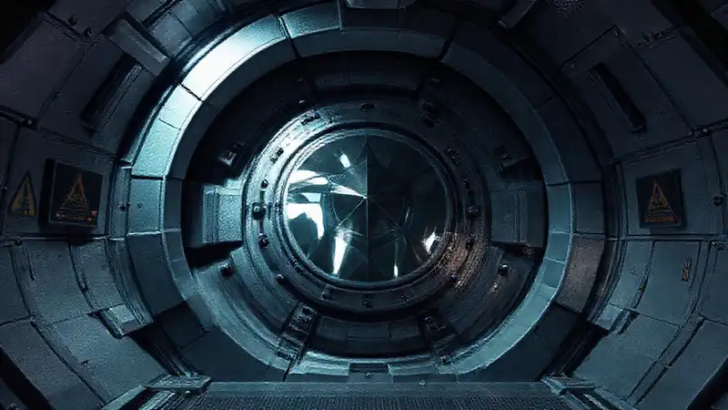 Cámera futurista con objeto misterioso y advertencias