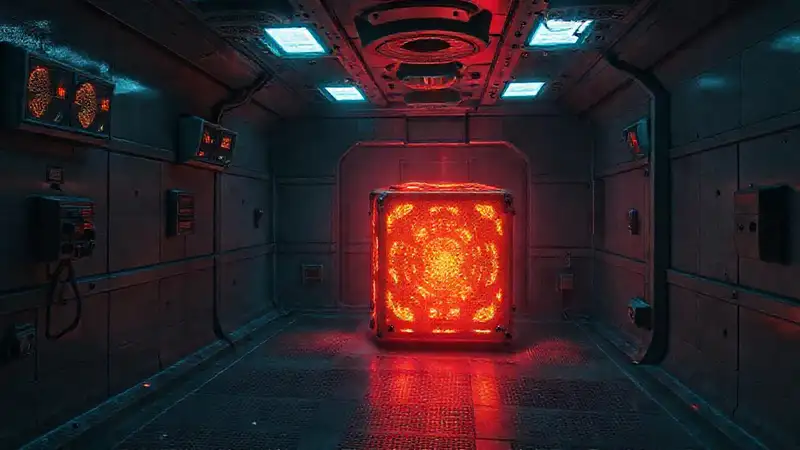 Sala segura con cubo misterioso y vigilancia