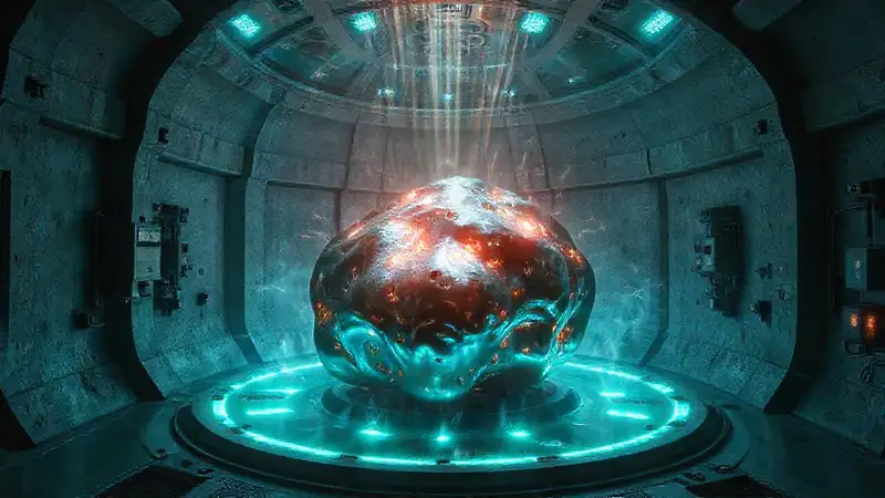 Objeto metálico misterioso en contención segura futurista