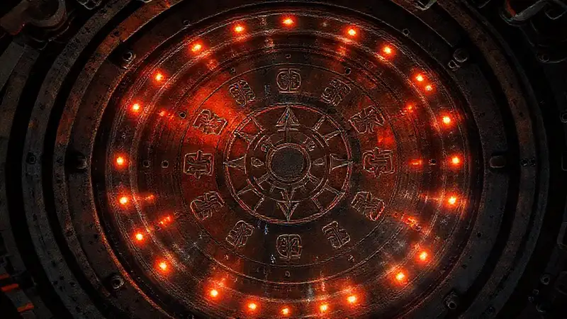 Estructura metálica con símbolos y energía magnética