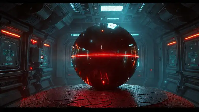 Esfera metálica misteriosa en laboratorio futurista