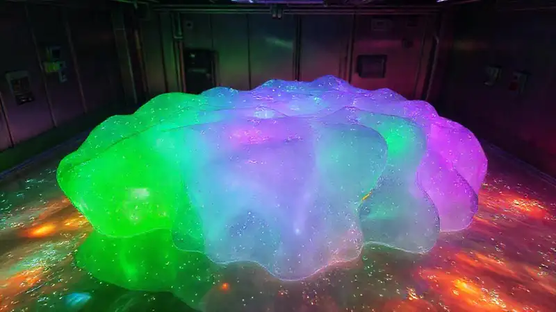 Estructura bioluminiscente en laboratorio caótico