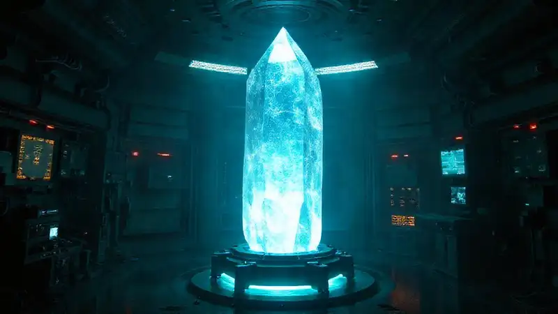 Cristal misterioso en laboratorio futurista sellado