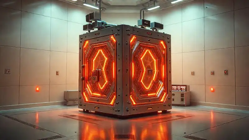 Cubo metálico con patrones y energía misteriosa