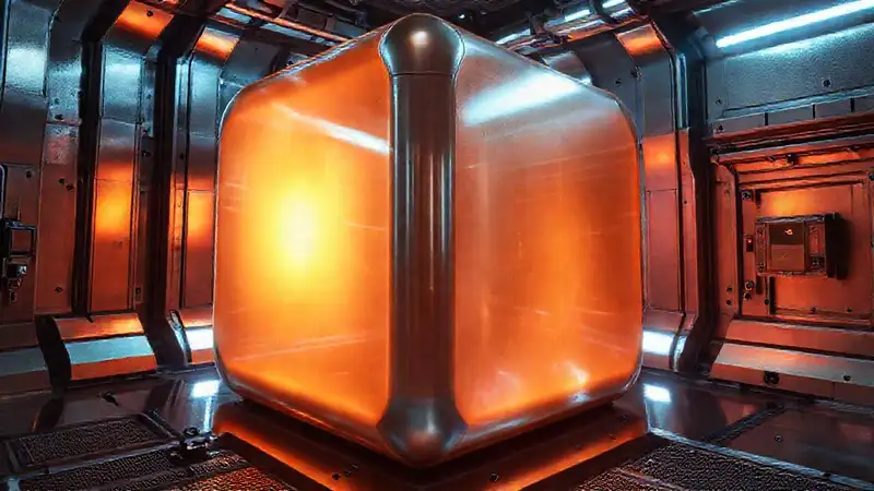 Cubo misterioso y brillante en cápsula tecnológica