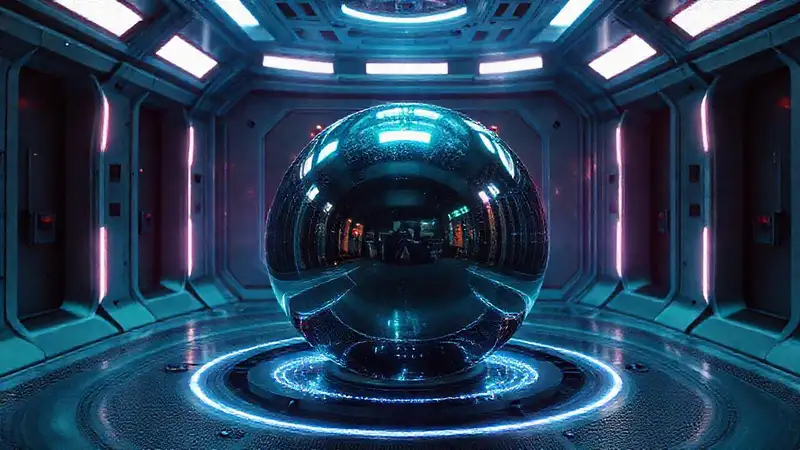 Esfera metálica brillante en entorno futurista seguro