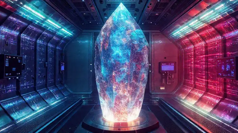 Estructura cristalina misteriosa en entorno futurista