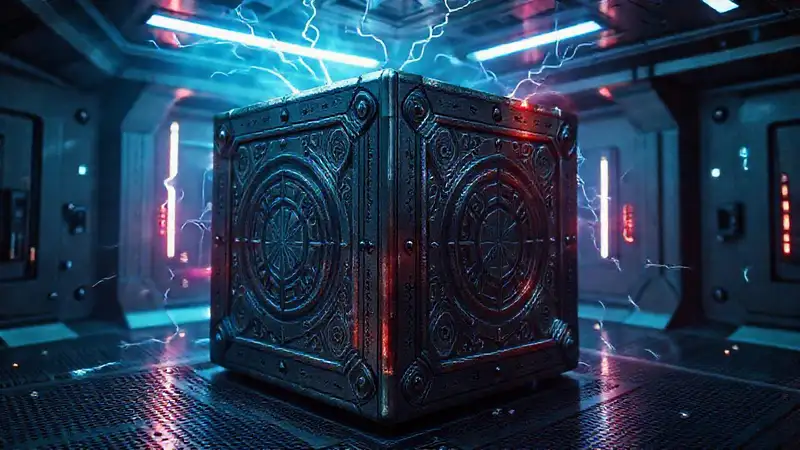 Cubo metálico misterioso en cámara futurista