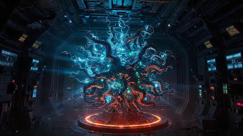 Estructura metálica orgánica con patrones fractales misteriosos