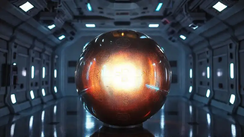 Esfera metálica brillante en contenedor futurista