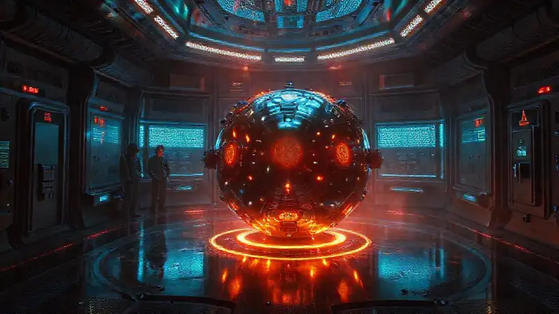 Objeto metálico misterioso en cámara futurista