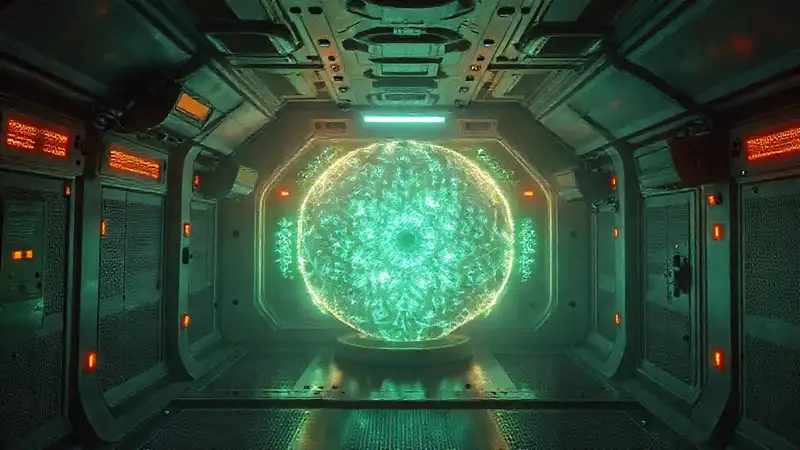 Sala segura con patrón fractal y advertencias