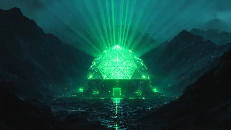 Estructura misteriosa en montaña, ambiente futurista y oscuro