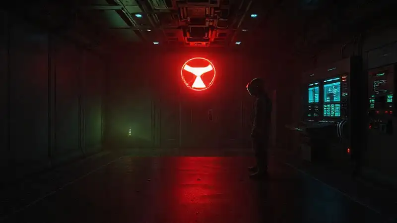 Sala futurista con protección y ambiente misterioso