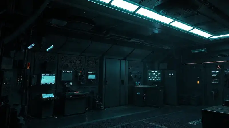 Sala segura futurista y vigilada con ambiente oscuro