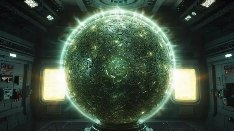 Esfera metálica misteriosa en contención futurista