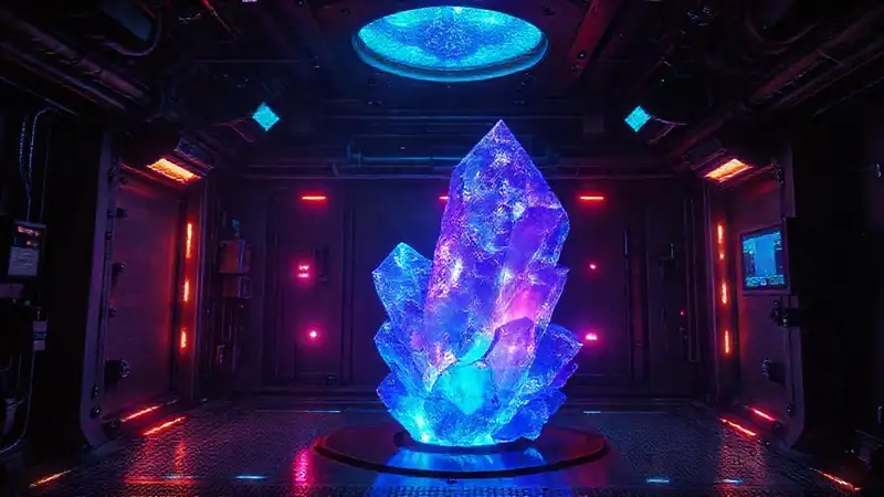 Cristal azul púrpura en cámara futurista