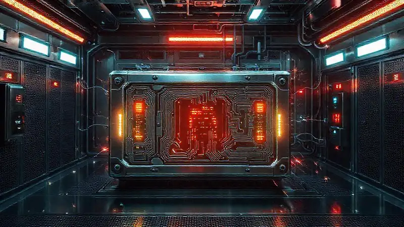 Dispositivo metálico futurista en recinto seguro