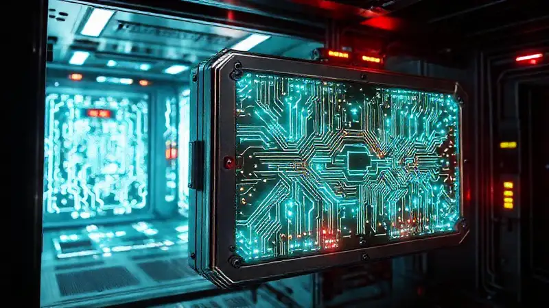 Objeto metálico con circuitos en una cámara futurista