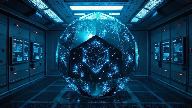 Forma metálica misteriosa en sala segura futurista