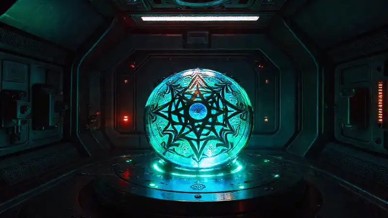 Artefacto misterioso en entorno futurista de contención