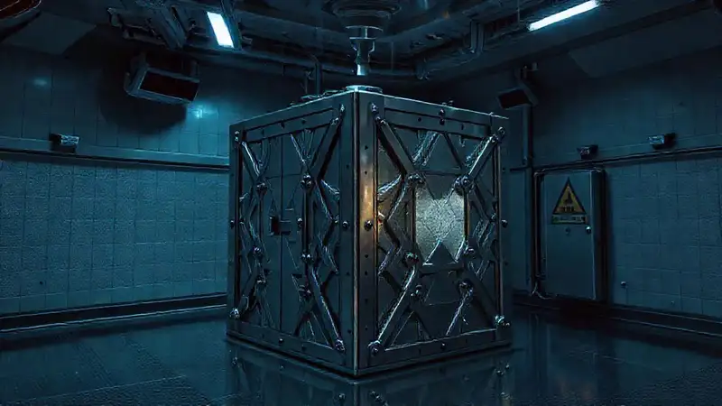 Cubo metálico misterioso en entorno de alta seguridad