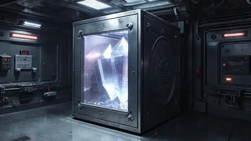 Cubículo con cristal y símbolos misteriosos