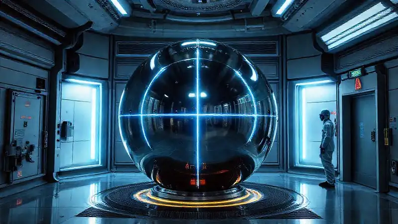 Esfera metálica brillante en laboratorio futurista