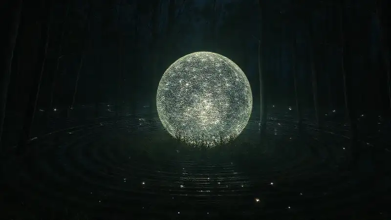 Estructura luminosa y misteriosa en bosque nocturno