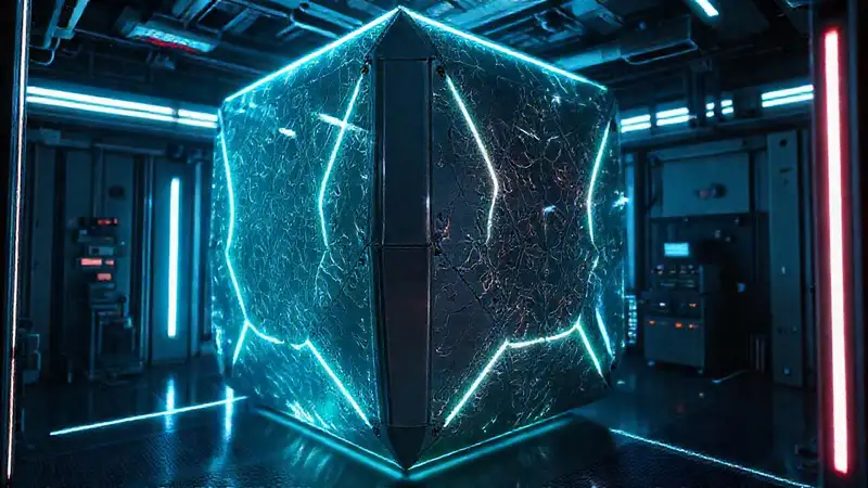 Cubo futurista en sala de alta tecnología