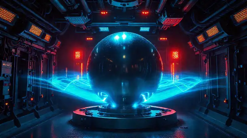 Esfera metálica luminosa en contención futurista