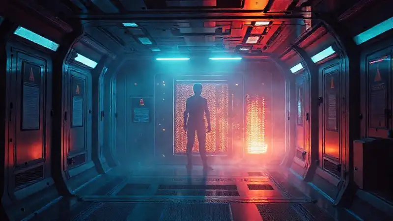 Cámara futurista con energía y silueta misteriosa