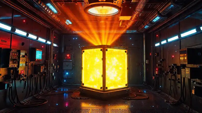 Sala segura con cubo brillante y tecnología avanzada