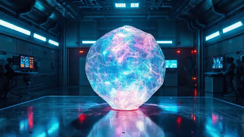 Cristal iridiscente en laboratorio futurista