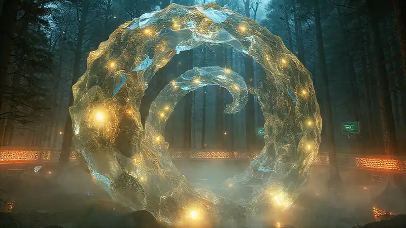 Estructura futurista en bosque con aura misteriosa