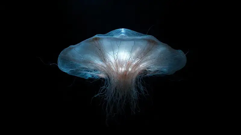Medusa luminosa y surreal en oscuridad