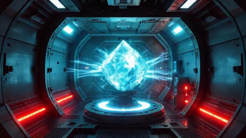 Laboratorio futurista con estructura cristalina luminosa