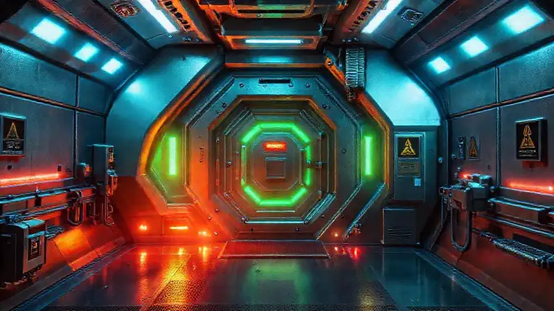 Cámara de contención futurista con señalización energética